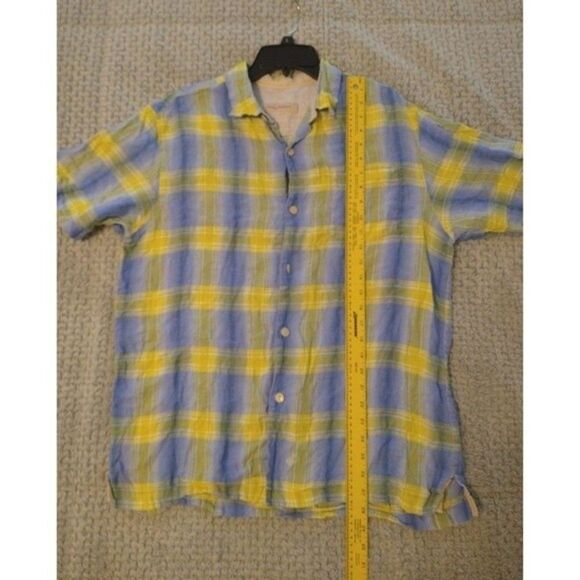 Tommy Bahama plaid 100% linen collared Button Down shirt Large blue & Yellow - Picture 6 of 9